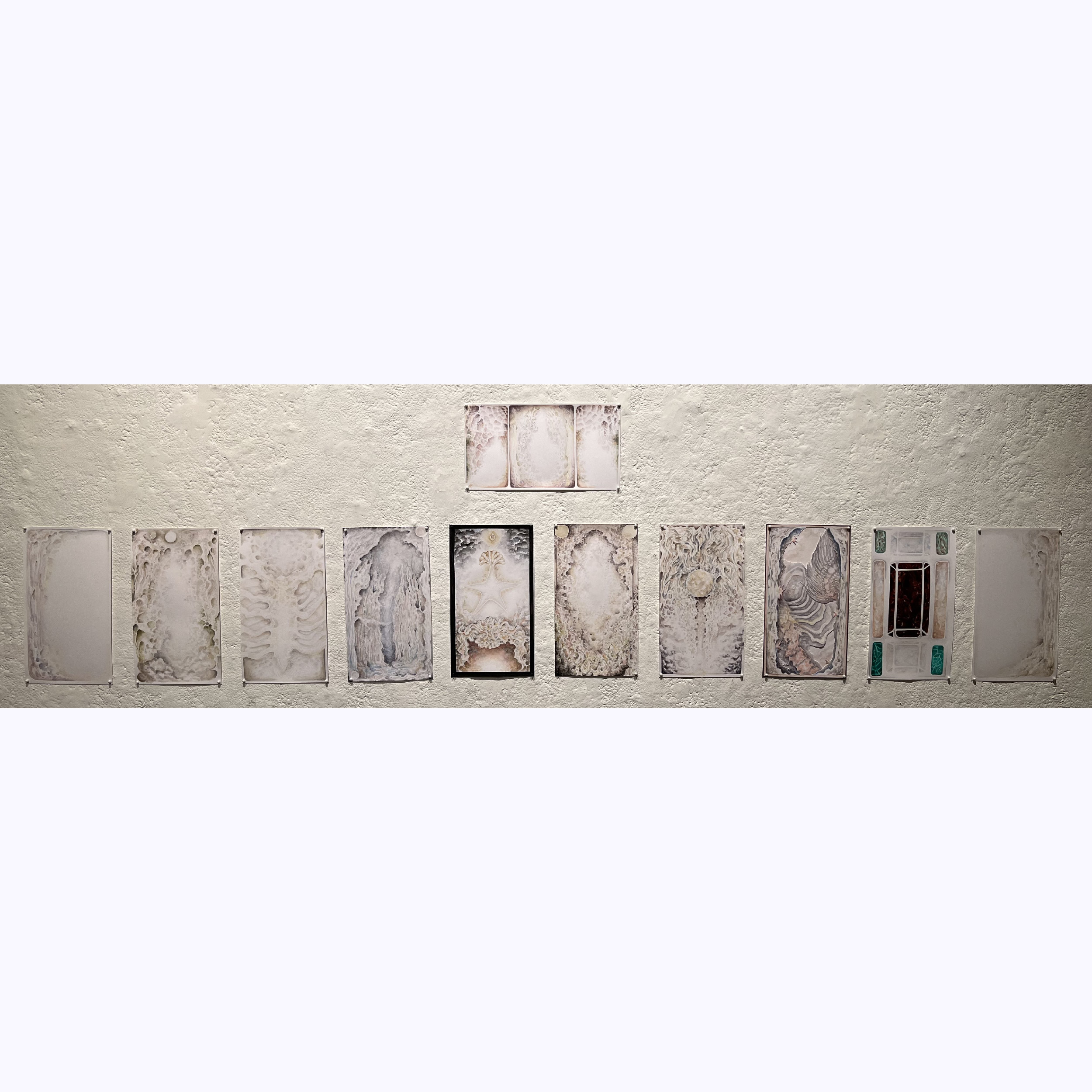 A collection of 11 painted panels, watercolor on paper.